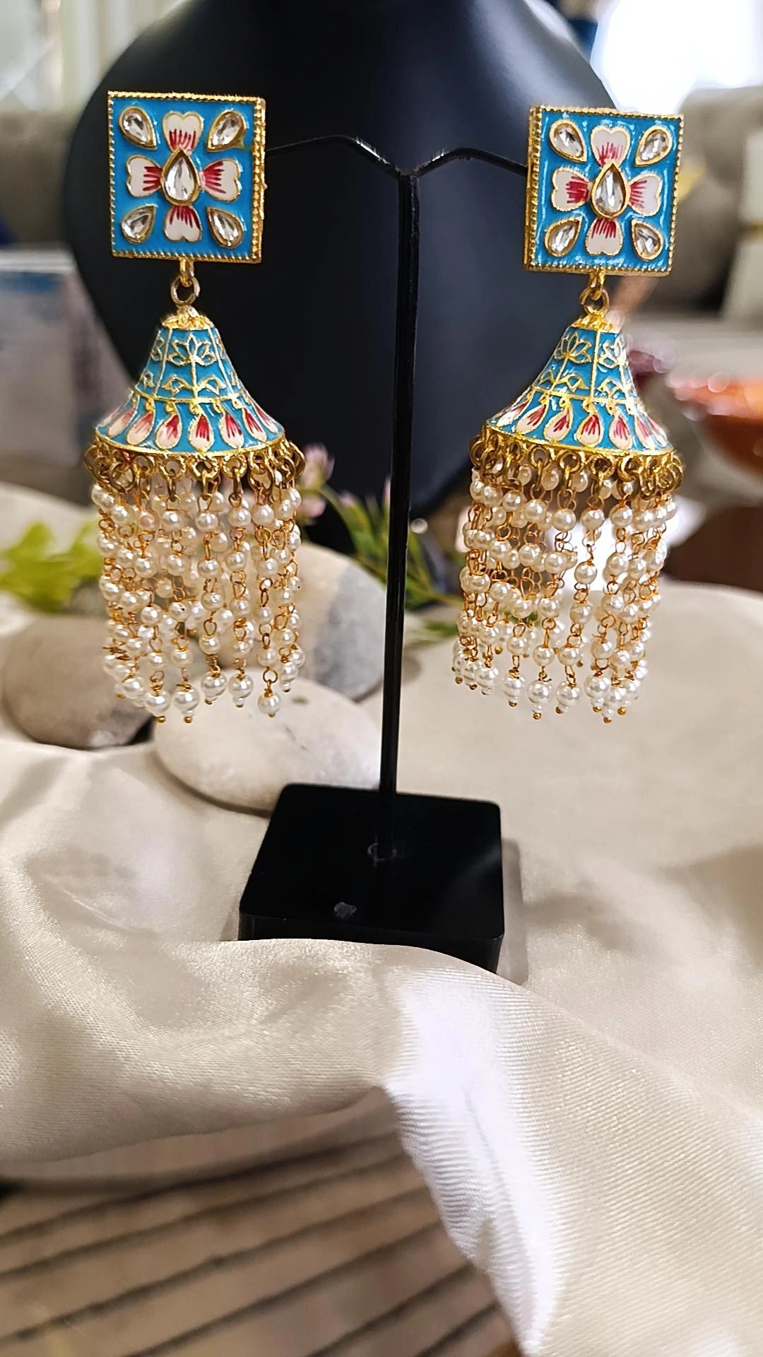 meena work Square hanging indian jhalar jhumkis